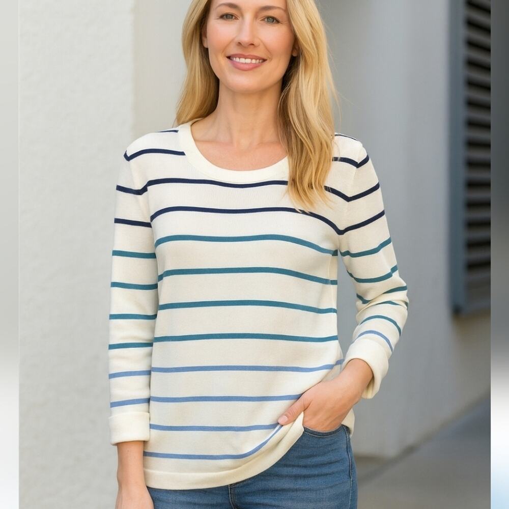 Talbots Cream & Ombre Stripe 3/4 Sleeve Sweater Sz.L #1245
